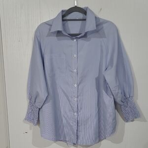Lemafer Womens Blue Striped Boyfriend Shirt Smocked Cuffs Side Pockets Sz. Large